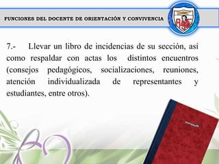 FUNCIONES DEL DOCENTE DE ORIENTACIÓN Y CONVIVENCIA
7.- Llevar un libro de incidencias de su sección, así
como respaldar co...
