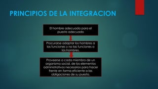 PRINCIPIOS DE LA INTEGRACION
El hombre adecuada para el
puesto adecuado
Procurarse adaptar los hombres a
las funciones y no las funciones a
los hombres.
Proveerse a cada miembro de un
organismo social, de los elementos
administrativos necesarios para hacer
frente en forma eficiente a las
obligaciones de su puesto.
 