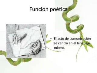 Función poética



        • El acto de comunicación
          se centra en el lenguaje
          mismo.
 