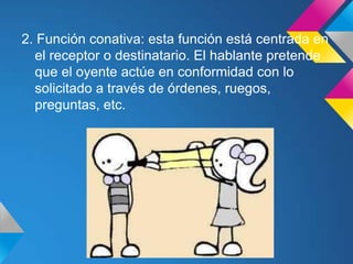2. Función conativa: esta función está centrada en
  el receptor o destinatario. El hablante pretende
  que el oyente actúe en conformidad con lo
  solicitado a través de órdenes, ruegos,
  preguntas, etc.
 