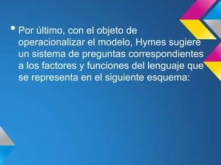 • Por último, con el objeto de
 operacionalizar el modelo, Hymes sugiere
 un sistema de preguntas correspondientes
 a los factores y funciones del lenguaje que
 se representa en el siguiente esquema:
 