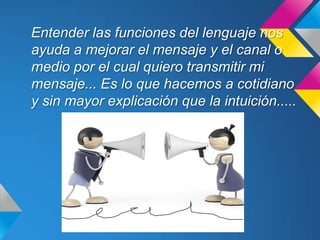 Entender las funciones del lenguaje nos
ayuda a mejorar el mensaje y el canal o
medio por el cual quiero transmitir mi
mensaje... Es lo que hacemos a cotidiano
y sin mayor explicación que la intuición.....
 