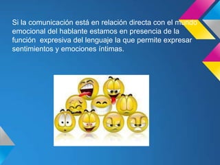 Si la comunicación está en relación directa con el mundo
emocional del hablante estamos en presencia de la
función expresiva del lenguaje la que permite expresar
sentimientos y emociones íntimas.
 