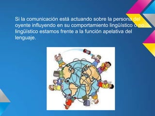 Si la comunicación está actuando sobre la persona del
oyente influyendo en su comportamiento lingüístico o no
lingüístico estamos frente a la función apelativa del
lenguaje.
 