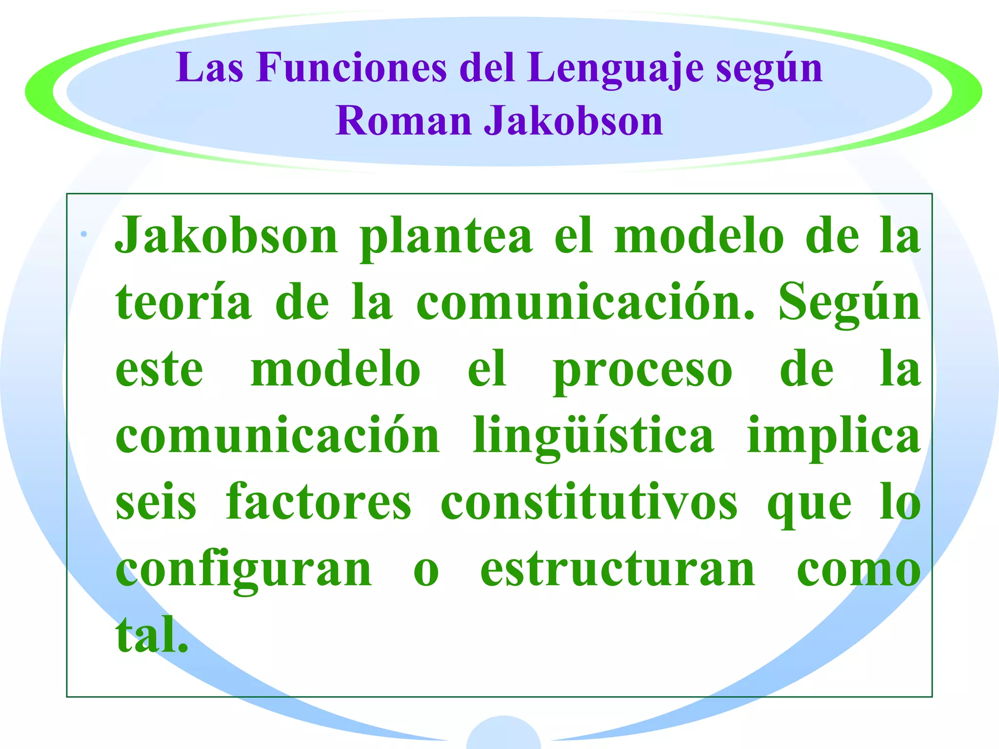Las Funciones del Lenguaje según
           Roman Jakobson

· Jakobson plantea el modelo de la
  teoría de la comunicación. Según
  este modelo el proceso de la
  comunicación lingüística implica
  seis factores constitutivos que lo
  configuran o estructuran como
  tal.
 