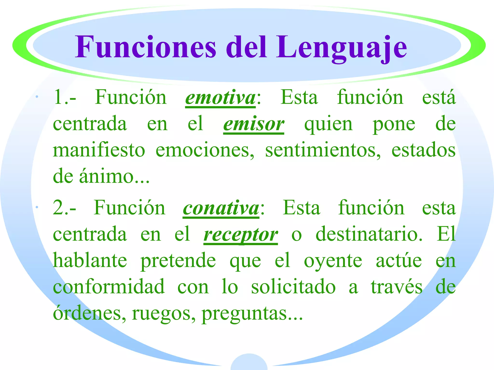 Funciones del Lenguaje
· 1.- Función emotiva: Esta función está
  centrada en el emisor quien pone de
  manifiesto emociones, sentimientos, estados
  de ánimo...
· 2.- Función conativa: Esta función esta
  centrada en el receptor o destinatario. El
  hablante pretende que el oyente actúe en
  conformidad con lo solicitado a través de
  órdenes, ruegos, preguntas...
 