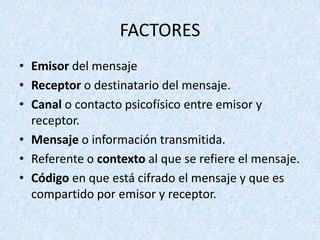 FACTORES
• Emisor del mensaje
• Receptor o destinatario del mensaje.
• Canal o contacto psicofísico entre emisor y
receptor.
• Mensaje o información transmitida.
• Referente o contexto al que se refiere el mensaje.
• Código en que está cifrado el mensaje y que es
compartido por emisor y receptor.

 