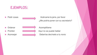 EJEMPLOS:
 Pedir cosas Acércame la jarra, por favor
¿Me podría poner con su secretario?
 Ordenar Acompáñame
 Prohibir Aquí no se puede hablar
 Aconsejar Deberías decírselo a tu novio
 