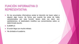 FUNCIÓN INFORMATIVA O
REPRESENTATIVA
 En los enunciados informativos existe la intención de hacer saber a
alguien algo nuevo, de forma que cuando los actos de habla
caracterizados por esta función tienen éxito (es decir, son
satisfactorios), el destinatario modifica sus conocimientos sobre un
determinado asunto.
 EJEMPLO:
 El avión llega con mucho retraso.
 He olvidado el cuaderno.
 