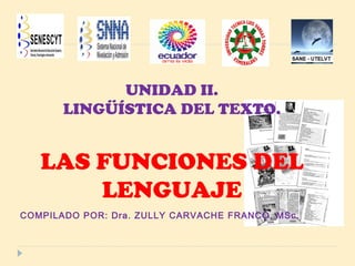 UNIDAD II.
LINGÜÍSTICA DEL TEXTO.
LAS FUNCIONES DEL
LENGUAJE
COMPILADO POR: Dra. ZULLY CARVACHE FRANCO, MSc.
 