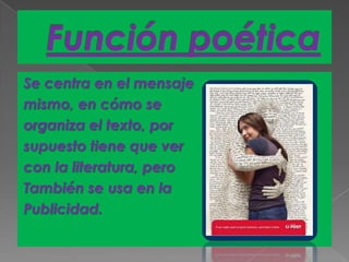 Se centra en el mensaje
mismo, en cómo se
organiza el texto, por
supuesto tiene que ver
con la literatura, pero
También se usa en la
Publicidad.

 