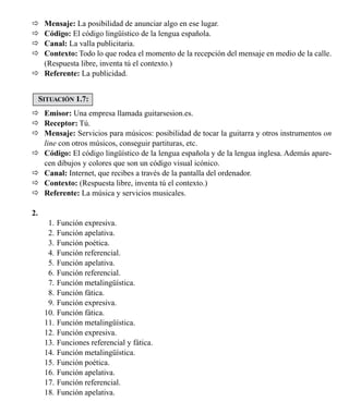 Mensaje: La posibilidad de anunciar algo en ese lugar.
 Código: El código lingüístico de la lengua española.
 Canal: La valla publicitaria.
 Contexto: Todo lo que rodea el momento de la recepción del mensaje en medio de la calle.
(Respuesta libre, inventa tú el contexto.)
 Referente: La publicidad.
 Emisor: Una empresa llamada guitarsesion.es.
 Receptor: Tú.
 Mensaje: Servicios para músicos: posibilidad de tocar la guitarra y otros instrumentos on
line con otros músicos, conseguir partituras, etc.
 Código: El código lingüístico de la lengua española y de la lengua inglesa. Además apare-
cen dibujos y colores que son un código visual icónico.
 Canal: Internet, que recibes a través de la pantalla del ordenador.
 Contexto: (Respuesta libre, inventa tú el contexto.)
 Referente: La música y servicios musicales.
2.
11. Función expresiva.
12. Función apelativa.
13. Función poética.
14. Función referencial.
15. Función apelativa.
16. Función referencial.
17. Función metalingüística.
18. Función fática.
19. Función expresiva.
10. Función fática.
11. Función metalingüística.
12. Función expresiva.
13. Funciones referencial y fática.
14. Función metalingüística.
15. Función poética.
16. Función apelativa.
17. Función referencial.
18. Función apelativa.
SITUACIÓN 1.7:
LA COMUNICACIÓN 23
 