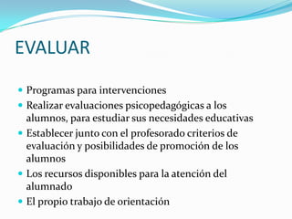 EVALUARProgramas para intervencionesRealizar evaluaciones psicopedagógicas a los alumnos, para estudiar sus necesidades educativasEstablecer junto con el profesorado criterios de evaluación y posibilidades de promoción de los alumnosLos recursos disponibles para la atención del alumnadoEl propio trabajo de orientación