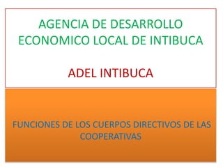 AGENCIA DE DESARROLLO 
ECONOMICO LOCAL DE INTIBUCA 
ADEL INTIBUCA 
FUNCIONES DE LOS CUERPOS DIRECTIVOS DE LAS 
COOPERATIVAS 
 