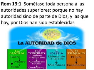Rom 13:1 Sométase toda persona a las
autoridades superiores; porque no hay
autoridad sino de parte de Dios, y las que
hay, por Dios han sido establecidas
 