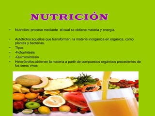 Nutrición: proceso mediante el cual se obtiene materia y energía. Autótrofos:aquellos que transforman la materia inorgánica en orgánica, como plantas y bacterias. Tipos -Fotosíntesis -Quimiosíntesis Heterótrofos:obtienen la materia a partir de compuestos orgánicos procedentes de los seres vivos NUTRICIÓN
