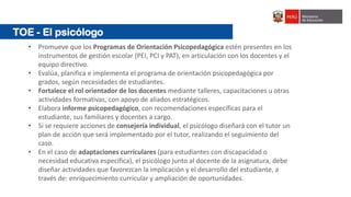 TOE - El psicólogo
• Promueve que los Programas de Orientación Psicopedagógica estén presentes en los
instrumentos de gestión escolar (PEI, PCI y PAT), en articulación con los docentes y el
equipo directivo.
• Evalúa, planifica e implementa el programa de orientación psicopedagógica por
grados, según necesidades de estudiantes.
• Fortalece el rol orientador de los docentes mediante talleres, capacitaciones u otras
actividades formativas, con apoyo de aliados estratégicos.
• Elabora informe psicopedagógico, con recomendaciones específicas para el
estudiante, sus familiares y docentes a cargo.
• Si se requiere acciones de consejería individual, el psicólogo diseñará con el tutor un
plan de acción que será implementado por el tutor, realizando el seguimiento del
caso.
• En el caso de adaptaciones curriculares (para estudiantes con discapacidad o
necesidad educativa específica), el psicólogo junto al docente de la asignatura, debe
diseñar actividades que favorezcan la implicación y el desarrollo del estudiante, a
través de: enriquecimiento curricular y ampliación de oportunidades.
 
