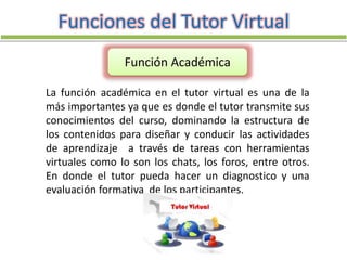 Funciones del Tutor Virtual
La función académica en el tutor virtual es una de la
más importantes ya que es donde el tutor transmite sus
conocimientos del curso, dominando la estructura de
los contenidos para diseñar y conducir las actividades
de aprendizaje a través de tareas con herramientas
virtuales como lo son los chats, los foros, entre otros.
En donde el tutor pueda hacer un diagnostico y una
evaluación formativa de los participantes.
Función Académica
 