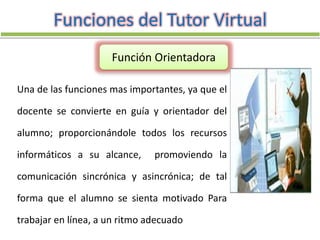 Funciones del Tutor Virtual
Función Orientadora
Una de las funciones mas importantes, ya que el
docente se convierte en guía y orientador del
alumno; proporcionándole todos los recursos
informáticos a su alcance, promoviendo la
comunicación sincrónica y asincrónica; de tal
forma que el alumno se sienta motivado Para
trabajar en línea, a un ritmo adecuado
 