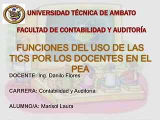 DOCENTE: Ing. Danilo Flores

CARRERA: Contabilidad y Auditoría

ALUMNO/A: Marisol Laura
 