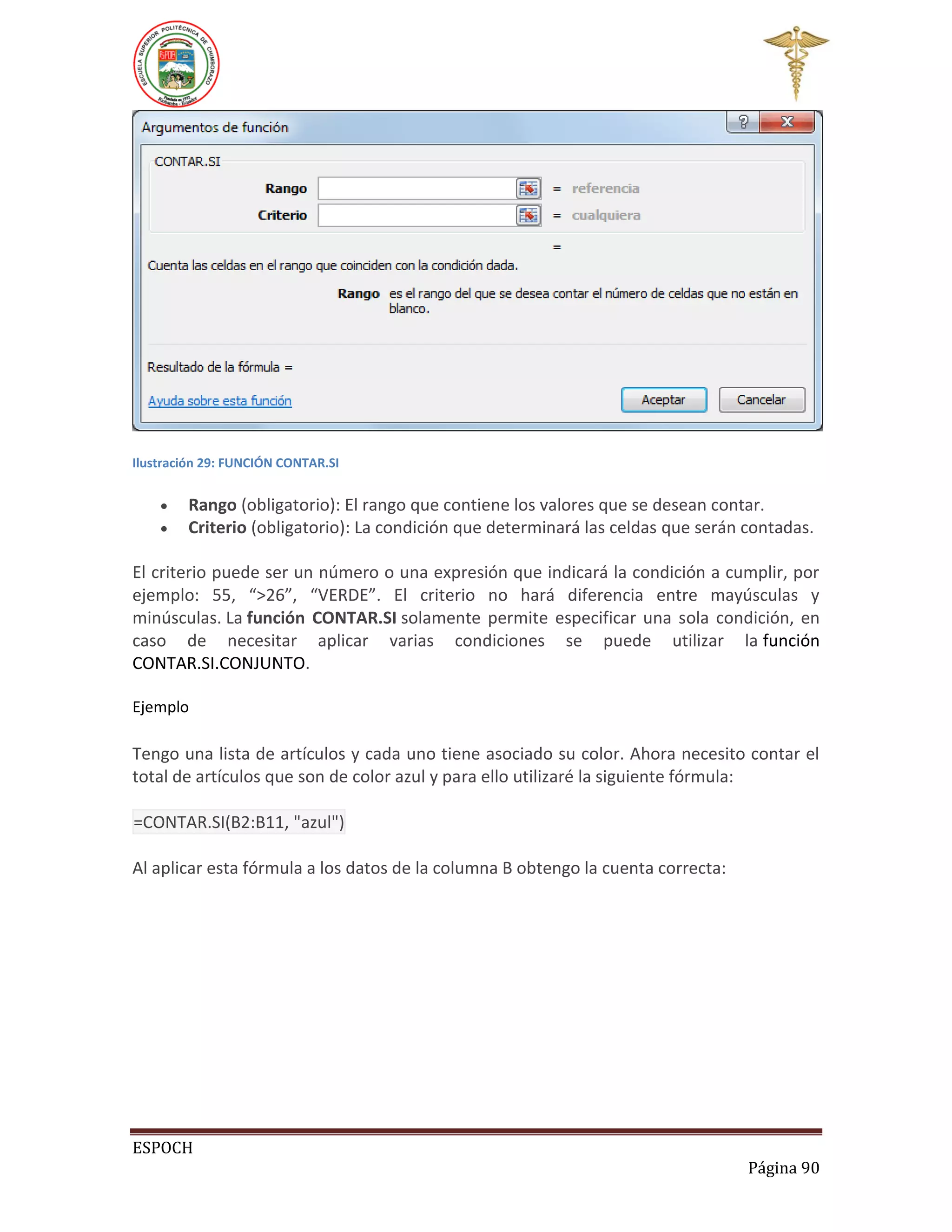 Ilustración 29: FUNCIÓN CONTAR.SI




Rango (obligatorio): El rango que contiene los valores que se desean contar.
Criterio (obligatorio): La condición que determinará las celdas que serán contadas.

El criterio puede ser un número o una expresión que indicará la condición a cumplir, por
ejemplo: 55, “>26”, “VERDE”. El criterio no hará diferencia entre mayúsculas y
minúsculas. La función CONTAR.SI solamente permite especificar una sola condición, en
caso de necesitar aplicar varias condiciones se puede utilizar la función
CONTAR.SI.CONJUNTO.
Ejemplo

Tengo una lista de artículos y cada uno tiene asociado su color. Ahora necesito contar el
total de artículos que son de color azul y para ello utilizaré la siguiente fórmula:
=CONTAR.SI(B2:B11, "azul")
Al aplicar esta fórmula a los datos de la columna B obtengo la cuenta correcta:

ESPOCH
Página 90

 