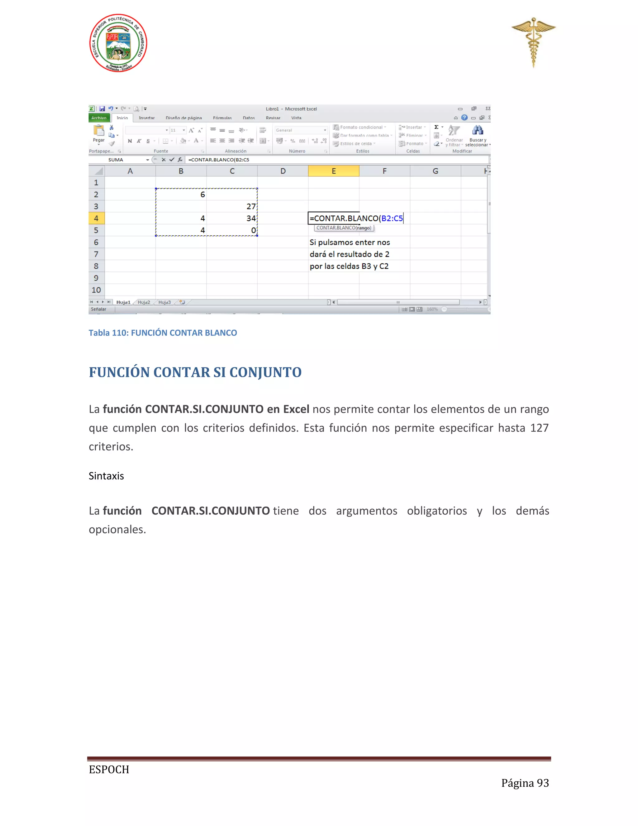 Tabla 110: FUNCIÓN CONTAR BLANCO

FUNCIÓN CONTAR SI CONJUNTO
La función CONTAR.SI.CONJUNTO en Excel nos permite contar los elementos de un rango
que cumplen con los criterios definidos. Esta función nos permite especificar hasta 127
criterios.
Sintaxis

La función CONTAR.SI.CONJUNTO tiene dos argumentos obligatorios y los demás
opcionales.

ESPOCH
Página 93

 