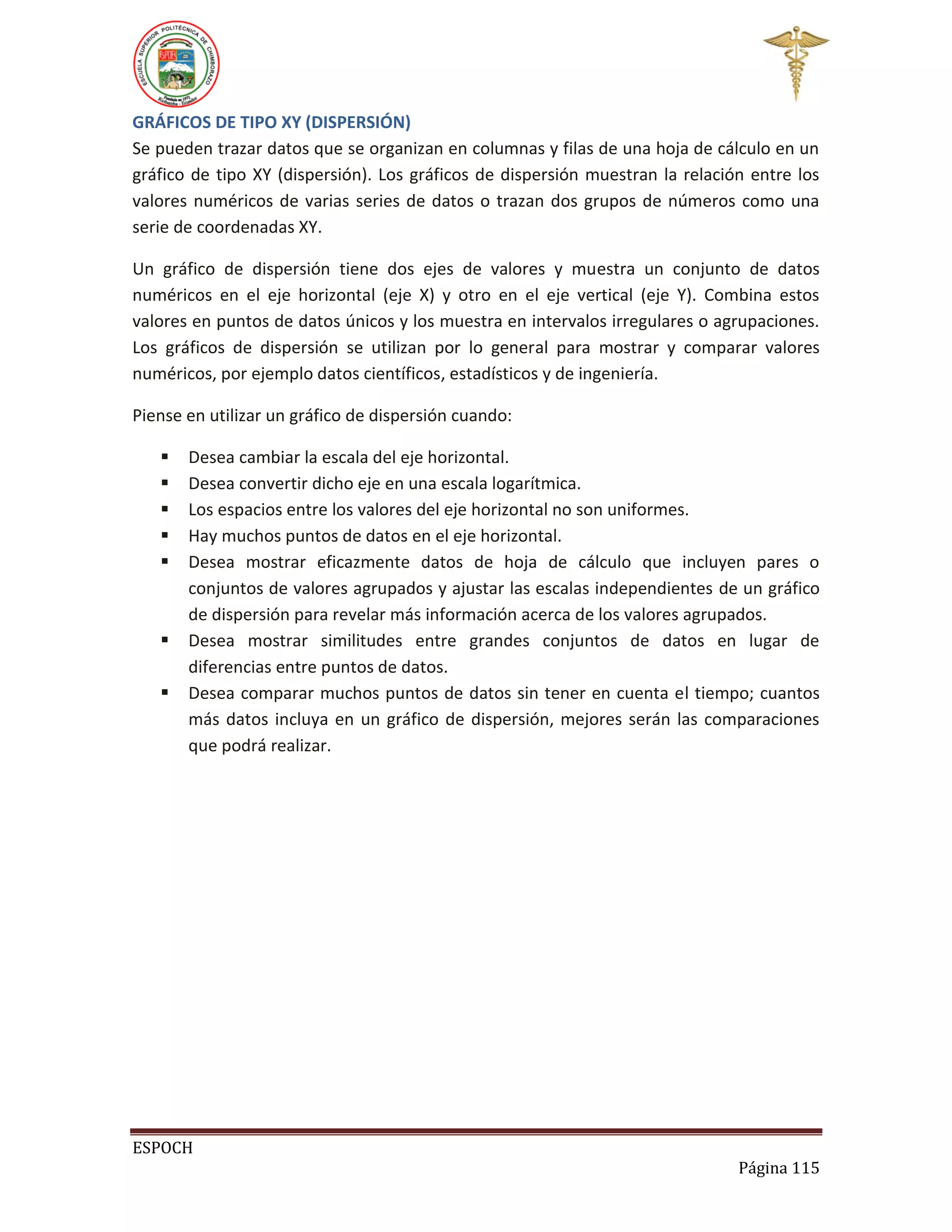 GRÁFICOS DE TIPO XY (DISPERSIÓN)
Se pueden trazar datos que se organizan en columnas y filas de una hoja de cálculo en un
gráfico de tipo XY (dispersión). Los gráficos de dispersión muestran la relación entre los
valores numéricos de varias series de datos o trazan dos grupos de números como una
serie de coordenadas XY.
Un gráfico de dispersión tiene dos ejes de valores y muestra un conjunto de datos
numéricos en el eje horizontal (eje X) y otro en el eje vertical (eje Y). Combina estos
valores en puntos de datos únicos y los muestra en intervalos irregulares o agrupaciones.
Los gráficos de dispersión se utilizan por lo general para mostrar y comparar valores
numéricos, por ejemplo datos científicos, estadísticos y de ingeniería.
Piense en utilizar un gráfico de dispersión cuando:









Desea cambiar la escala del eje horizontal.
Desea convertir dicho eje en una escala logarítmica.
Los espacios entre los valores del eje horizontal no son uniformes.
Hay muchos puntos de datos en el eje horizontal.
Desea mostrar eficazmente datos de hoja de cálculo que incluyen pares o
conjuntos de valores agrupados y ajustar las escalas independientes de un gráfico
de dispersión para revelar más información acerca de los valores agrupados.
Desea mostrar similitudes entre grandes conjuntos de datos en lugar de
diferencias entre puntos de datos.
Desea comparar muchos puntos de datos sin tener en cuenta el tiempo; cuantos
más datos incluya en un gráfico de dispersión, mejores serán las comparaciones
que podrá realizar.

ESPOCH
Página 115

 