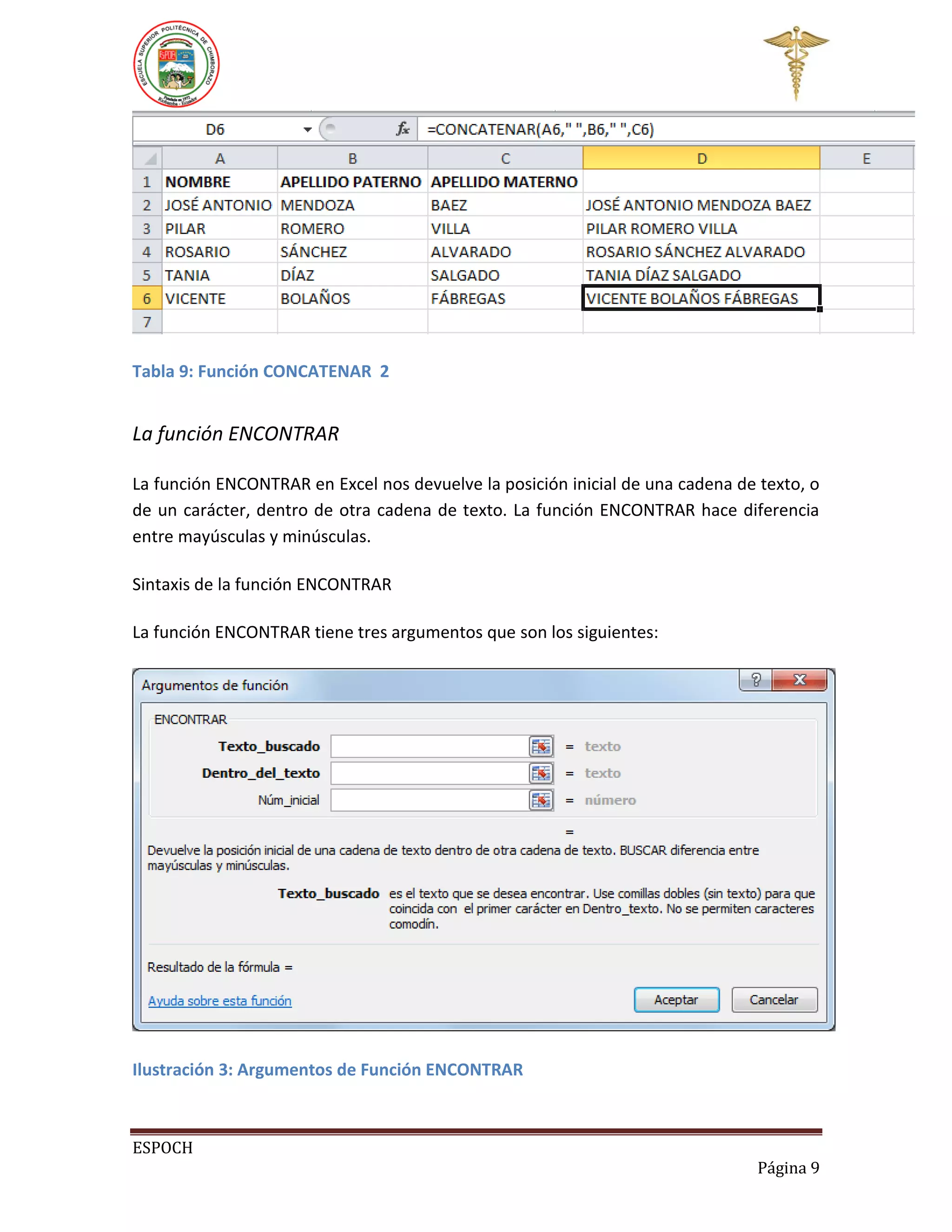 Tabla 9: Función CONCATENAR 2

La función ENCONTRAR
La función ENCONTRAR en Excel nos devuelve la posición inicial de una cadena de texto, o
de un carácter, dentro de otra cadena de texto. La función ENCONTRAR hace diferencia
entre mayúsculas y minúsculas.
Sintaxis de la función ENCONTRAR
La función ENCONTRAR tiene tres argumentos que son los siguientes:

Ilustración 3: Argumentos de Función ENCONTRAR

ESPOCH
Página 9

 