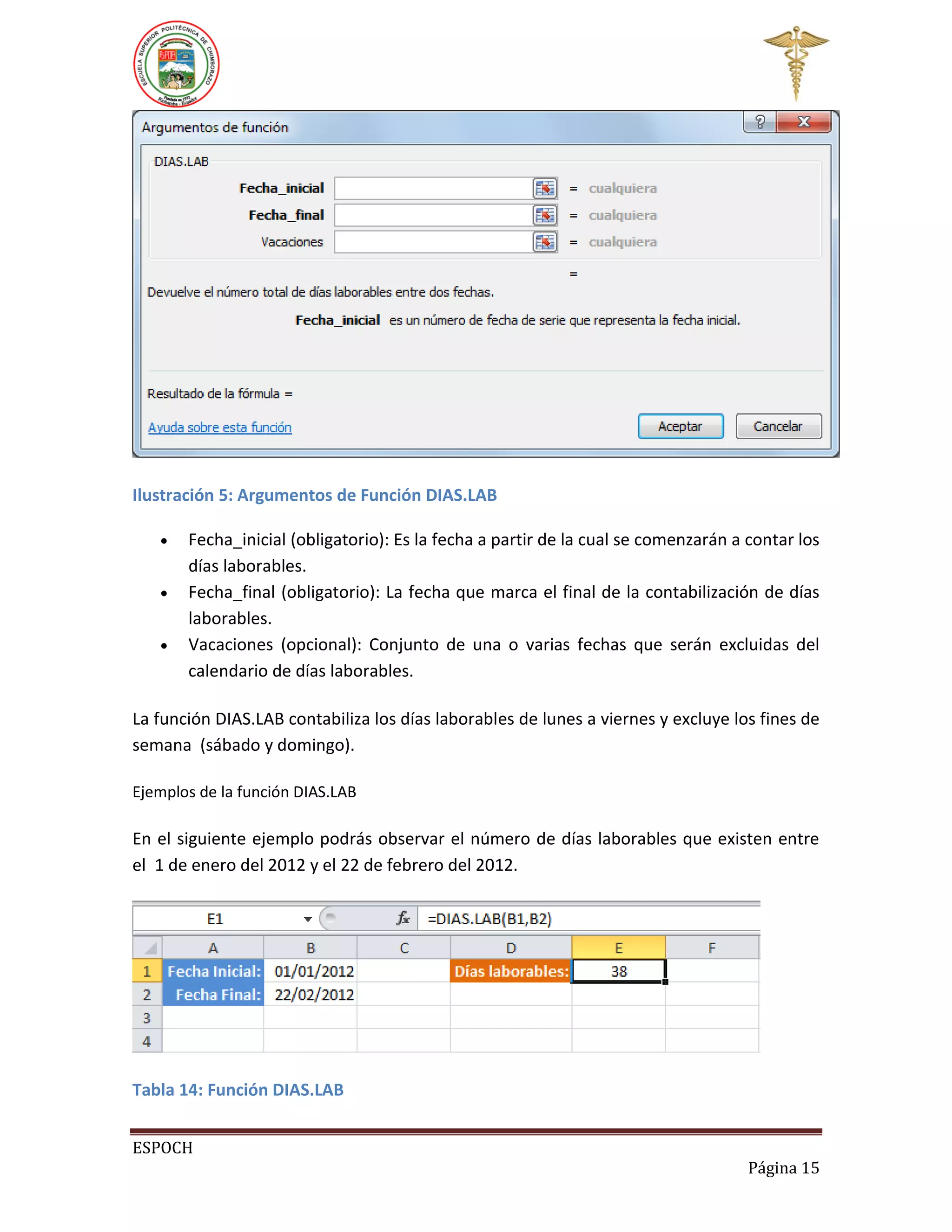 Ilustración 5: Argumentos de Función DIAS.LAB




Fecha_inicial (obligatorio): Es la fecha a partir de la cual se comenzarán a contar los
días laborables.
Fecha_final (obligatorio): La fecha que marca el final de la contabilización de días
laborables.
Vacaciones (opcional): Conjunto de una o varias fechas que serán excluidas del
calendario de días laborables.

La función DIAS.LAB contabiliza los días laborables de lunes a viernes y excluye los fines de
semana (sábado y domingo).
Ejemplos de la función DIAS.LAB

En el siguiente ejemplo podrás observar el número de días laborables que existen entre
el 1 de enero del 2012 y el 22 de febrero del 2012.

Tabla 14: Función DIAS.LAB
ESPOCH
Página 15

 