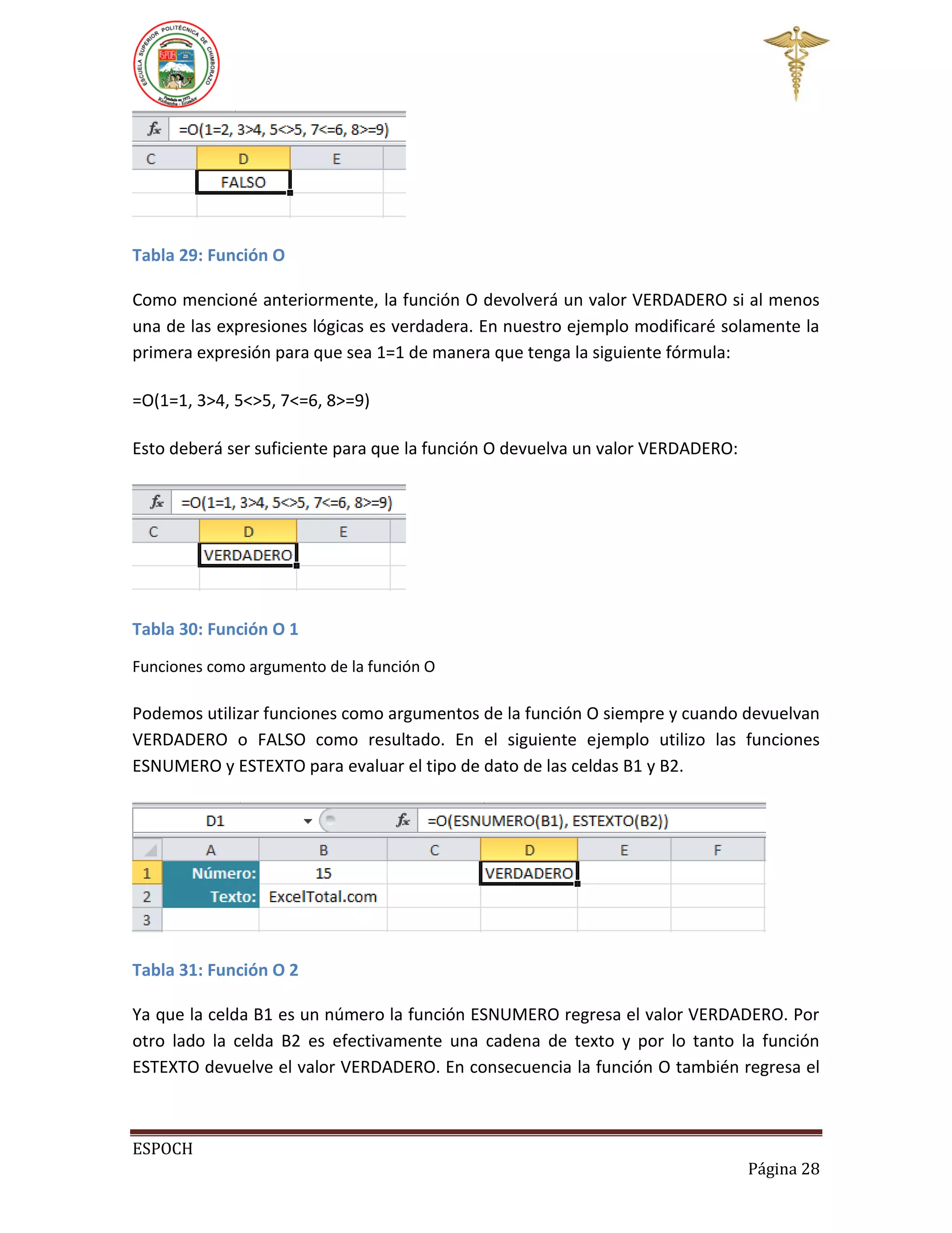 Tabla 29: Función O
Como mencioné anteriormente, la función O devolverá un valor VERDADERO si al menos
una de las expresiones lógicas es verdadera. En nuestro ejemplo modificaré solamente la
primera expresión para que sea 1=1 de manera que tenga la siguiente fórmula:
=O(1=1, 3>4, 5<>5, 7<=6, 8>=9)
Esto deberá ser suficiente para que la función O devuelva un valor VERDADERO:

Tabla 30: Función O 1
Funciones como argumento de la función O

Podemos utilizar funciones como argumentos de la función O siempre y cuando devuelvan
VERDADERO o FALSO como resultado. En el siguiente ejemplo utilizo las funciones
ESNUMERO y ESTEXTO para evaluar el tipo de dato de las celdas B1 y B2.

Tabla 31: Función O 2
Ya que la celda B1 es un número la función ESNUMERO regresa el valor VERDADERO. Por
otro lado la celda B2 es efectivamente una cadena de texto y por lo tanto la función
ESTEXTO devuelve el valor VERDADERO. En consecuencia la función O también regresa el

ESPOCH
Página 28

 