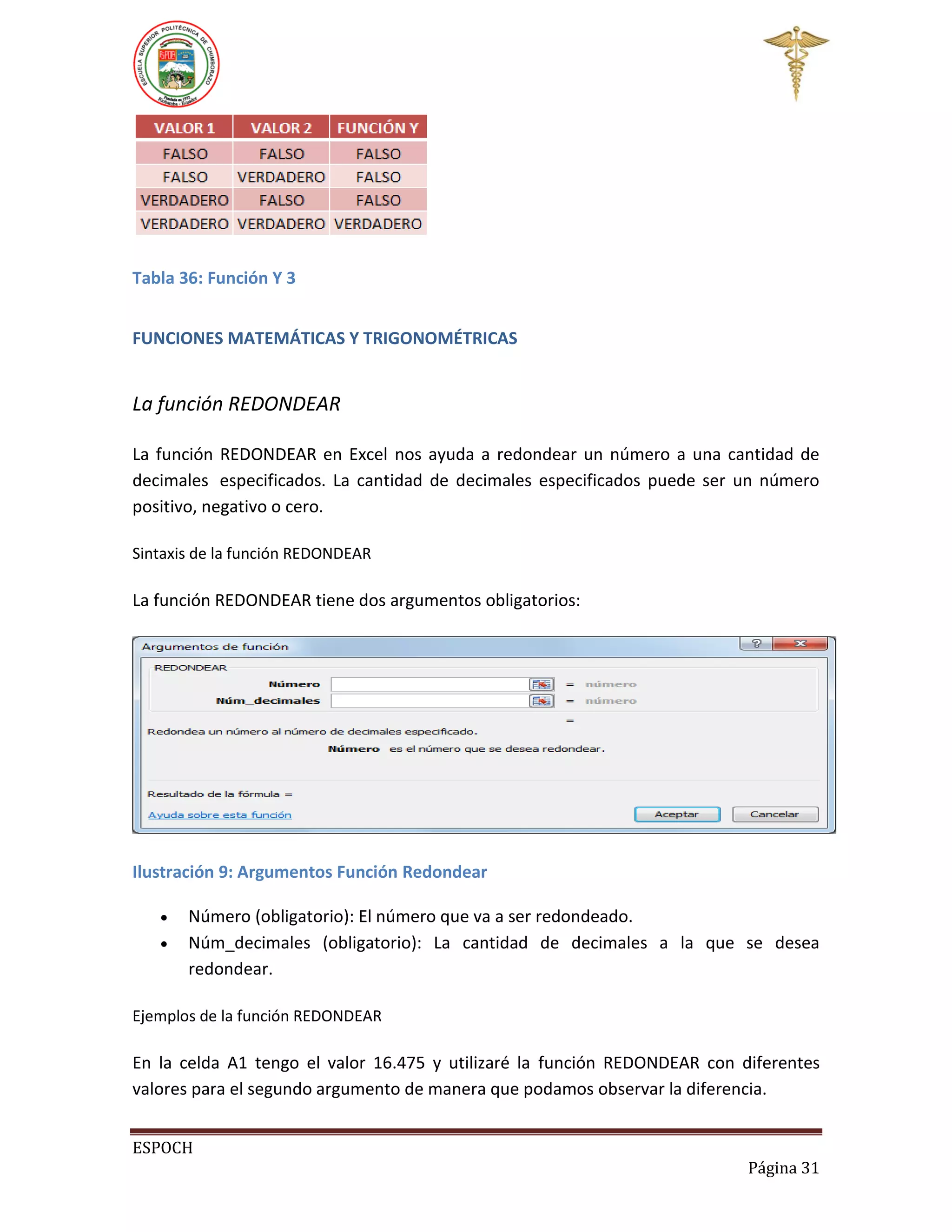 Tabla 36: Función Y 3
FUNCIONES MATEMÁTICAS Y TRIGONOMÉTRICAS

La función REDONDEAR
La función REDONDEAR en Excel nos ayuda a redondear un número a una cantidad de
decimales especificados. La cantidad de decimales especificados puede ser un número
positivo, negativo o cero.
Sintaxis de la función REDONDEAR

La función REDONDEAR tiene dos argumentos obligatorios:

Ilustración 9: Argumentos Función Redondear



Número (obligatorio): El número que va a ser redondeado.
Núm_decimales (obligatorio): La cantidad de decimales a la que se desea
redondear.

Ejemplos de la función REDONDEAR

En la celda A1 tengo el valor 16.475 y utilizaré la función REDONDEAR con diferentes
valores para el segundo argumento de manera que podamos observar la diferencia.
ESPOCH
Página 31

 