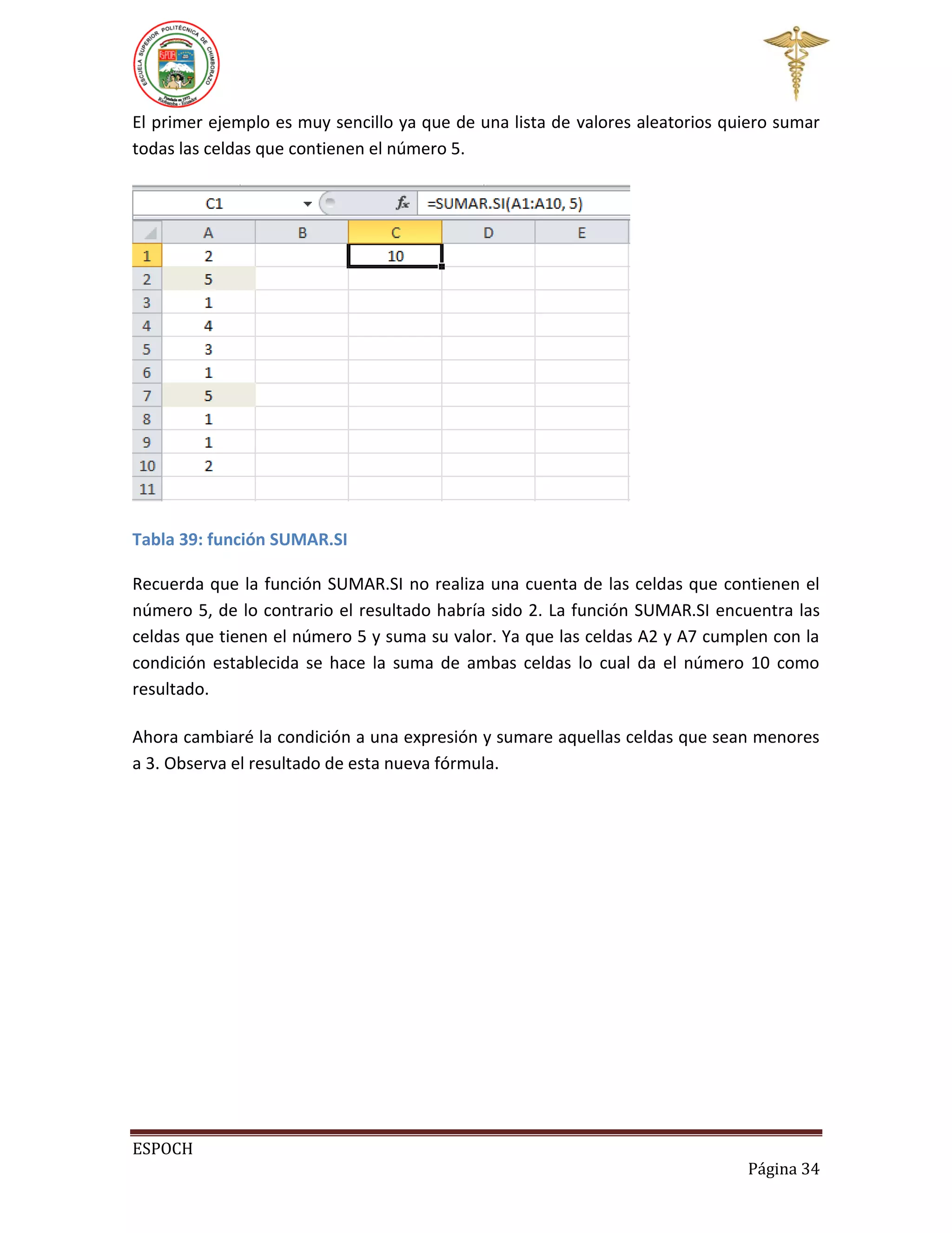 El primer ejemplo es muy sencillo ya que de una lista de valores aleatorios quiero sumar
todas las celdas que contienen el número 5.

Tabla 39: función SUMAR.SI
Recuerda que la función SUMAR.SI no realiza una cuenta de las celdas que contienen el
número 5, de lo contrario el resultado habría sido 2. La función SUMAR.SI encuentra las
celdas que tienen el número 5 y suma su valor. Ya que las celdas A2 y A7 cumplen con la
condición establecida se hace la suma de ambas celdas lo cual da el número 10 como
resultado.
Ahora cambiaré la condición a una expresión y sumare aquellas celdas que sean menores
a 3. Observa el resultado de esta nueva fórmula.

ESPOCH
Página 34

 
