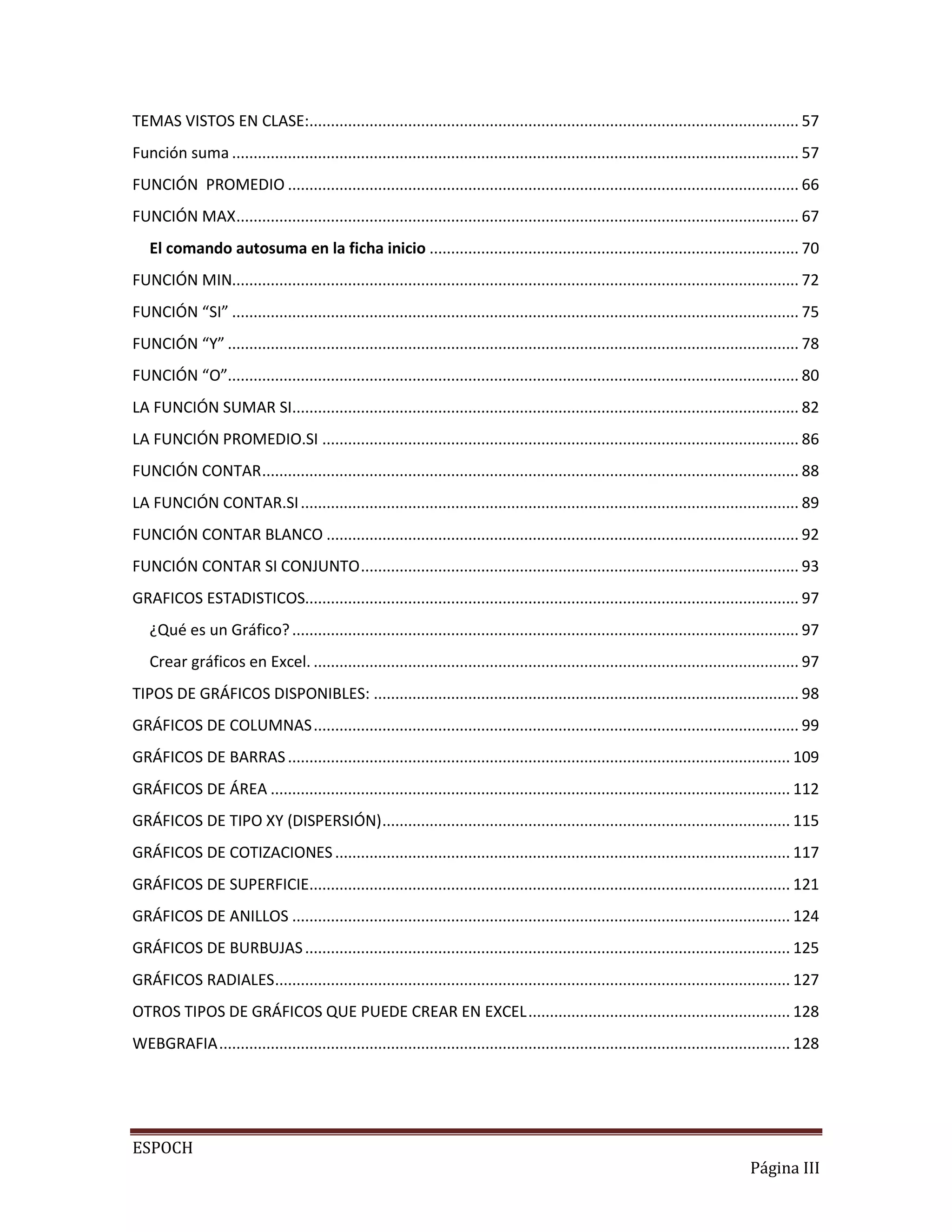 TEMAS VISTOS EN CLASE:.................................................................................................................. 57
Función suma .................................................................................................................................... 57
FUNCIÓN PROMEDIO ....................................................................................................................... 66
FUNCIÓN MAX ................................................................................................................................... 67
El comando autosuma en la ficha inicio ...................................................................................... 70
FUNCIÓN MIN.................................................................................................................................... 72
FUNCIÓN “SI” .................................................................................................................................... 75
FUNCIÓN “Y” ..................................................................................................................................... 78
FUNCIÓN “O”..................................................................................................................................... 80
LA FUNCIÓN SUMAR SI...................................................................................................................... 82
LA FUNCIÓN PROMEDIO.SI ............................................................................................................... 86
FUNCIÓN CONTAR ............................................................................................................................. 88
LA FUNCIÓN CONTAR.SI .................................................................................................................... 89
FUNCIÓN CONTAR BLANCO .............................................................................................................. 92
FUNCIÓN CONTAR SI CONJUNTO ...................................................................................................... 93
GRAFICOS ESTADISTICOS................................................................................................................... 97
¿Qué es un Gráfico? ...................................................................................................................... 97
Crear gráficos en Excel. ................................................................................................................. 97
TIPOS DE GRÁFICOS DISPONIBLES: ................................................................................................... 98
GRÁFICOS DE COLUMNAS ................................................................................................................. 99
GRÁFICOS DE BARRAS ..................................................................................................................... 109
GRÁFICOS DE ÁREA ......................................................................................................................... 112
GRÁFICOS DE TIPO XY (DISPERSIÓN) ............................................................................................... 115
GRÁFICOS DE COTIZACIONES .......................................................................................................... 117
GRÁFICOS DE SUPERFICIE................................................................................................................ 121
GRÁFICOS DE ANILLOS .................................................................................................................... 124
GRÁFICOS DE BURBUJAS ................................................................................................................. 125
GRÁFICOS RADIALES ........................................................................................................................ 127
OTROS TIPOS DE GRÁFICOS QUE PUEDE CREAR EN EXCEL ............................................................. 128
WEBGRAFIA ..................................................................................................................................... 128

ESPOCH
Página III

 