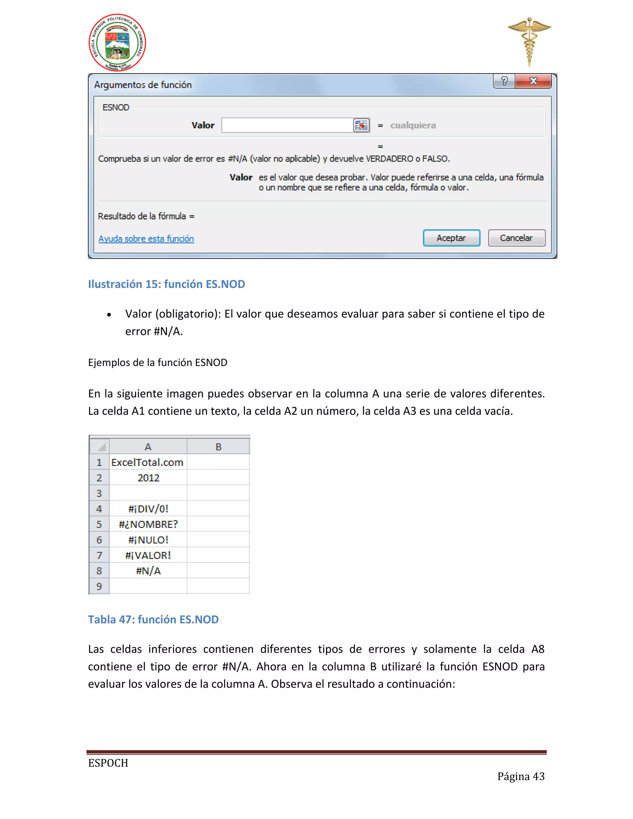 Ilustración 15: función ES.NOD


Valor (obligatorio): El valor que deseamos evaluar para saber si contiene el tipo de
error #N/A.

Ejemplos de la función ESNOD

En la siguiente imagen puedes observar en la columna A una serie de valores diferentes.
La celda A1 contiene un texto, la celda A2 un número, la celda A3 es una celda vacía.

Tabla 47: función ES.NOD
Las celdas inferiores contienen diferentes tipos de errores y solamente la celda A8
contiene el tipo de error #N/A. Ahora en la columna B utilizaré la función ESNOD para
evaluar los valores de la columna A. Observa el resultado a continuación:

ESPOCH
Página 43

 