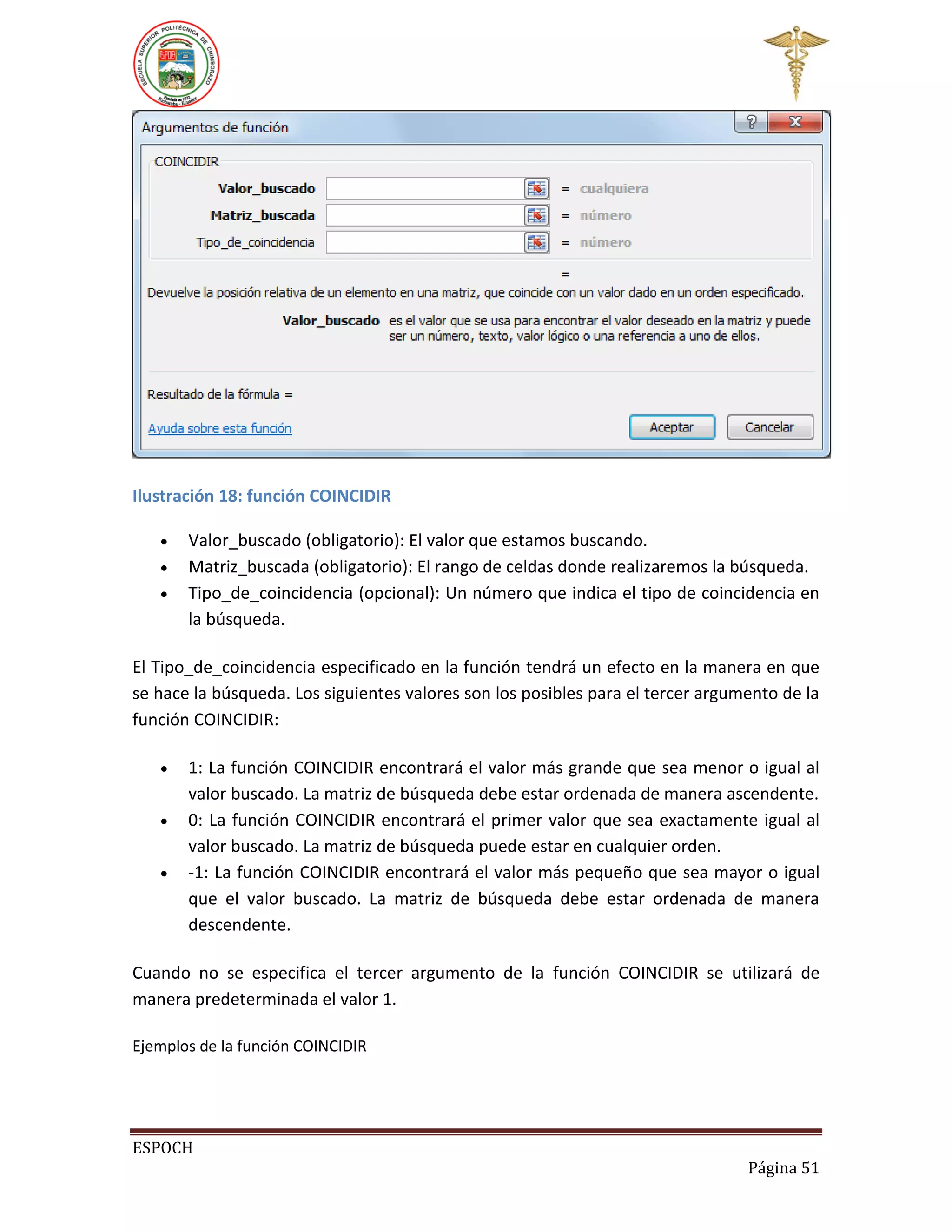 Ilustración 18: función COINCIDIR




Valor_buscado (obligatorio): El valor que estamos buscando.
Matriz_buscada (obligatorio): El rango de celdas donde realizaremos la búsqueda.
Tipo_de_coincidencia (opcional): Un número que indica el tipo de coincidencia en
la búsqueda.

El Tipo_de_coincidencia especificado en la función tendrá un efecto en la manera en que
se hace la búsqueda. Los siguientes valores son los posibles para el tercer argumento de la
función COINCIDIR:




1: La función COINCIDIR encontrará el valor más grande que sea menor o igual al
valor buscado. La matriz de búsqueda debe estar ordenada de manera ascendente.
0: La función COINCIDIR encontrará el primer valor que sea exactamente igual al
valor buscado. La matriz de búsqueda puede estar en cualquier orden.
-1: La función COINCIDIR encontrará el valor más pequeño que sea mayor o igual
que el valor buscado. La matriz de búsqueda debe estar ordenada de manera
descendente.

Cuando no se especifica el tercer argumento de la función COINCIDIR se utilizará de
manera predeterminada el valor 1.
Ejemplos de la función COINCIDIR

ESPOCH
Página 51

 