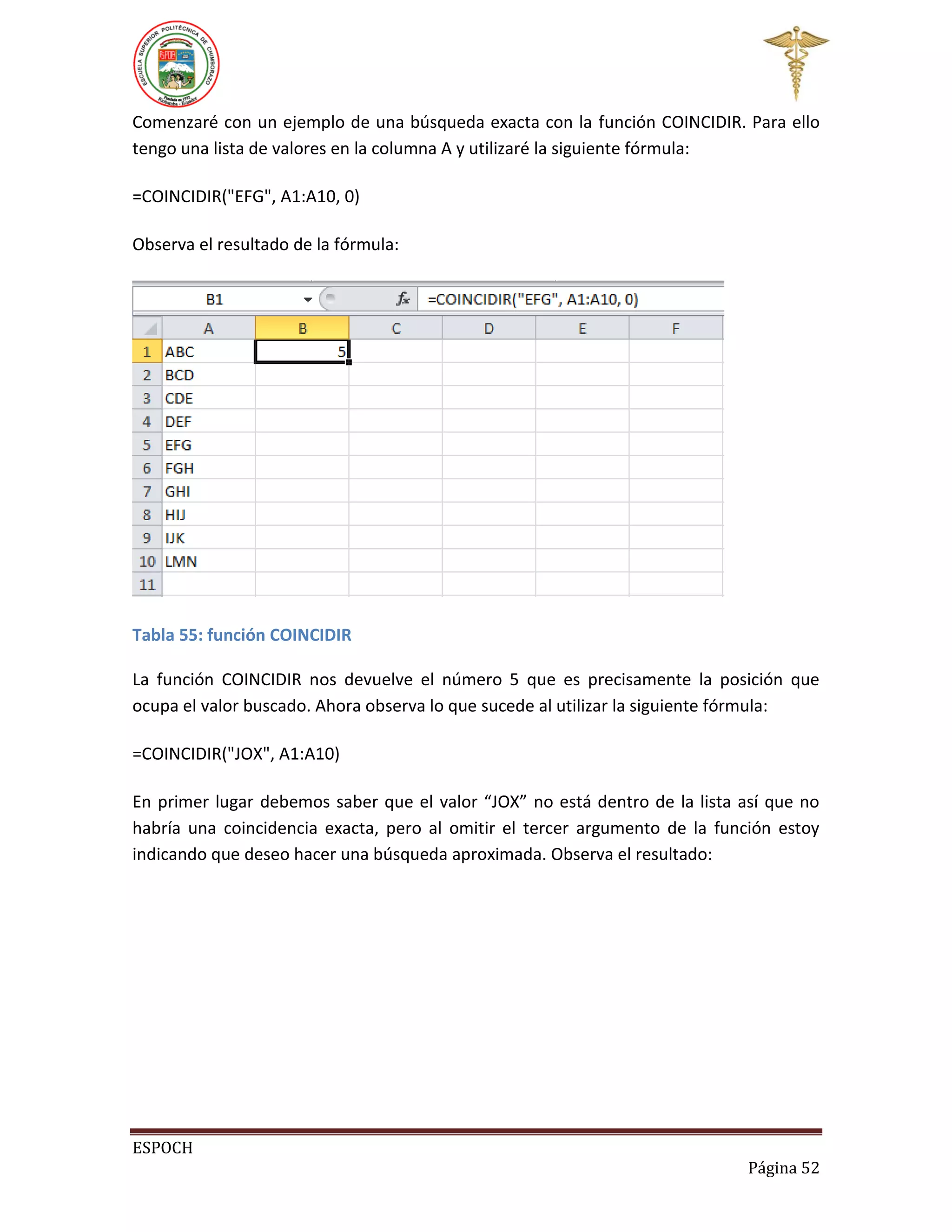 Comenzaré con un ejemplo de una búsqueda exacta con la función COINCIDIR. Para ello
tengo una lista de valores en la columna A y utilizaré la siguiente fórmula:
=COINCIDIR("EFG", A1:A10, 0)
Observa el resultado de la fórmula:

Tabla 55: función COINCIDIR
La función COINCIDIR nos devuelve el número 5 que es precisamente la posición que
ocupa el valor buscado. Ahora observa lo que sucede al utilizar la siguiente fórmula:
=COINCIDIR("JOX", A1:A10)
En primer lugar debemos saber que el valor “JOX” no está dentro de la lista así que no
habría una coincidencia exacta, pero al omitir el tercer argumento de la función estoy
indicando que deseo hacer una búsqueda aproximada. Observa el resultado:

ESPOCH
Página 52

 