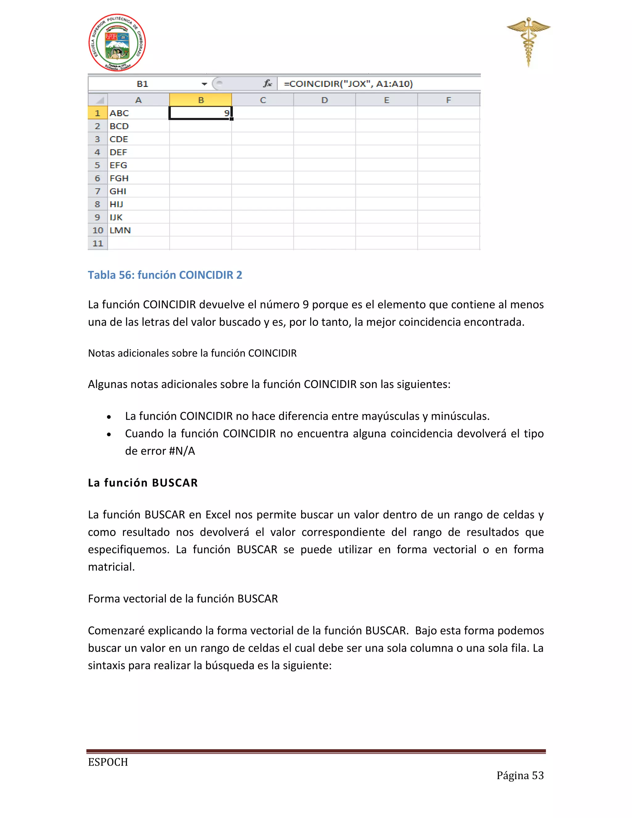 Tabla 56: función COINCIDIR 2
La función COINCIDIR devuelve el número 9 porque es el elemento que contiene al menos
una de las letras del valor buscado y es, por lo tanto, la mejor coincidencia encontrada.
Notas adicionales sobre la función COINCIDIR

Algunas notas adicionales sobre la función COINCIDIR son las siguientes:



La función COINCIDIR no hace diferencia entre mayúsculas y minúsculas.
Cuando la función COINCIDIR no encuentra alguna coincidencia devolverá el tipo
de error #N/A

La función BUSCAR
La función BUSCAR en Excel nos permite buscar un valor dentro de un rango de celdas y
como resultado nos devolverá el valor correspondiente del rango de resultados que
especifiquemos. La función BUSCAR se puede utilizar en forma vectorial o en forma
matricial.
Forma vectorial de la función BUSCAR
Comenzaré explicando la forma vectorial de la función BUSCAR. Bajo esta forma podemos
buscar un valor en un rango de celdas el cual debe ser una sola columna o una sola fila. La
sintaxis para realizar la búsqueda es la siguiente:

ESPOCH
Página 53

 