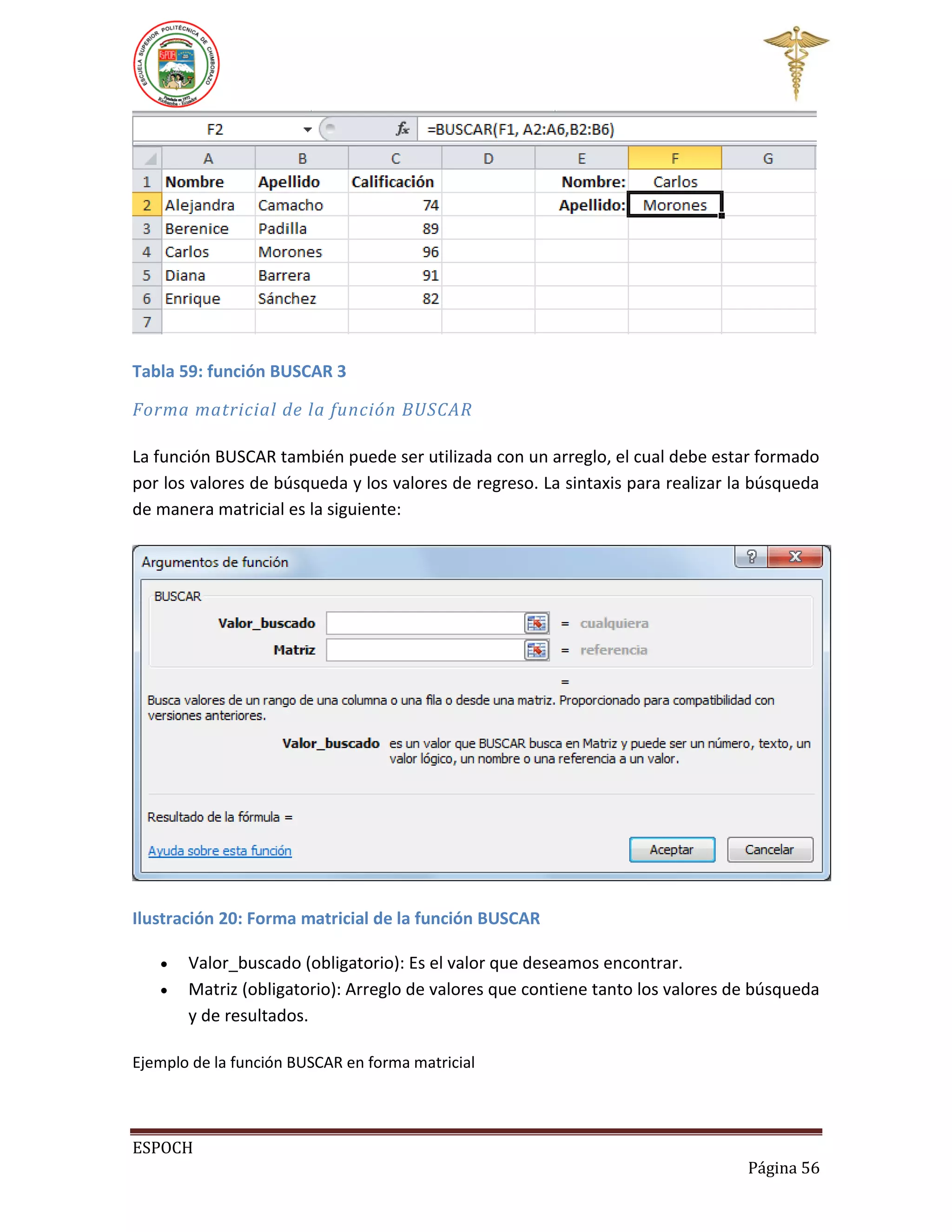 Tabla 59: función BUSCAR 3
Forma matricial de la función BUSCAR
La función BUSCAR también puede ser utilizada con un arreglo, el cual debe estar formado
por los valores de búsqueda y los valores de regreso. La sintaxis para realizar la búsqueda
de manera matricial es la siguiente:

Ilustración 20: Forma matricial de la función BUSCAR



Valor_buscado (obligatorio): Es el valor que deseamos encontrar.
Matriz (obligatorio): Arreglo de valores que contiene tanto los valores de búsqueda
y de resultados.

Ejemplo de la función BUSCAR en forma matricial

ESPOCH
Página 56

 