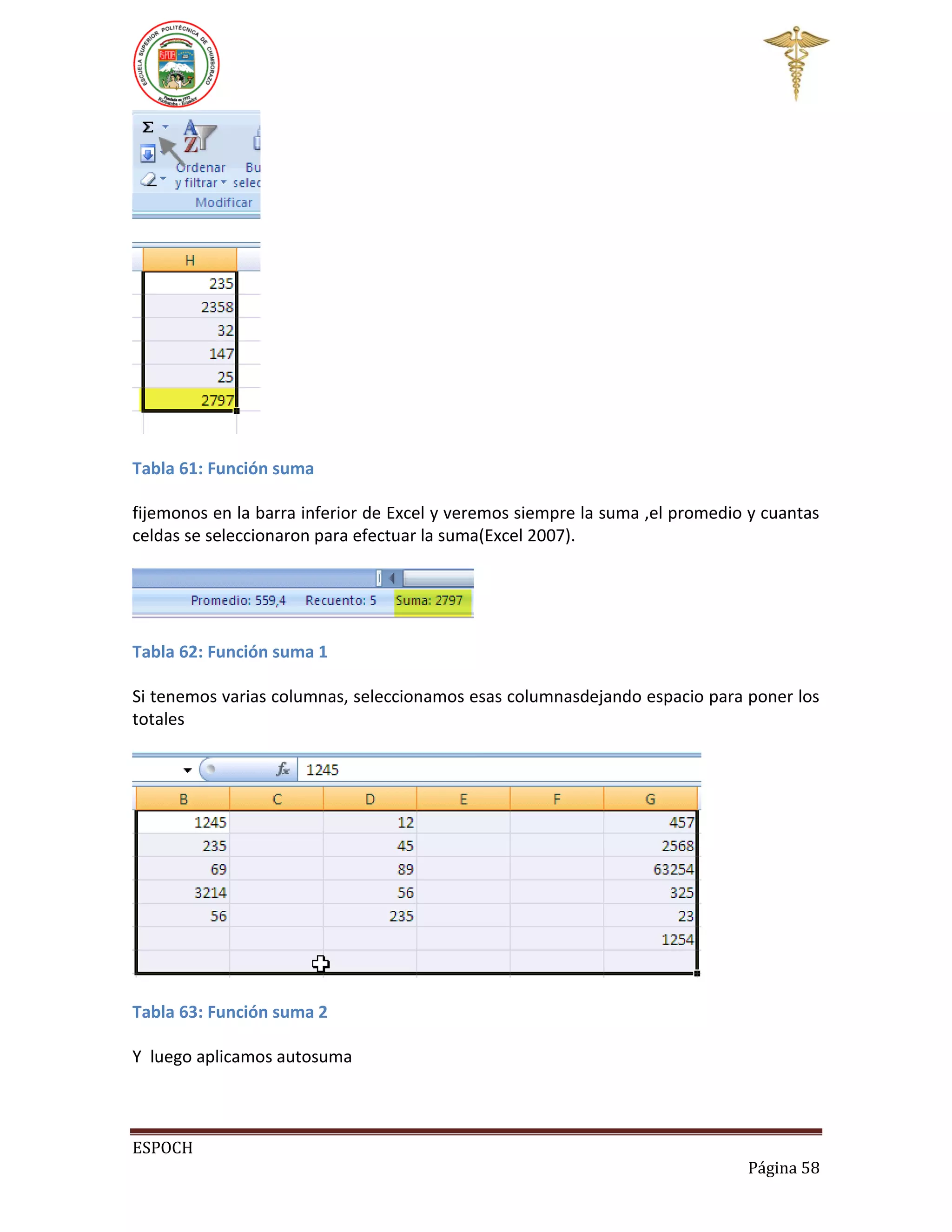 Tabla 61: Función suma
fijemonos en la barra inferior de Excel y veremos siempre la suma ,el promedio y cuantas
celdas se seleccionaron para efectuar la suma(Excel 2007).

Tabla 62: Función suma 1
Si tenemos varias columnas, seleccionamos esas columnasdejando espacio para poner los
totales

Tabla 63: Función suma 2
Y luego aplicamos autosuma

ESPOCH
Página 58

 
