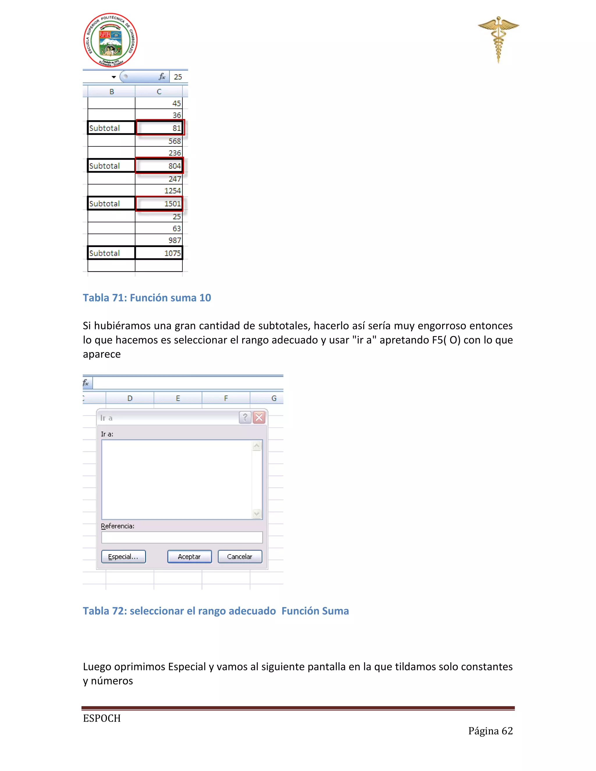 Tabla 71: Función suma 10
Si hubiéramos una gran cantidad de subtotales, hacerlo así sería muy engorroso entonces
lo que hacemos es seleccionar el rango adecuado y usar "ir a" apretando F5( O) con lo que
aparece

Tabla 72: seleccionar el rango adecuado Función Suma

Luego oprimimos Especial y vamos al siguiente pantalla en la que tildamos solo constantes
y números
ESPOCH
Página 62

 