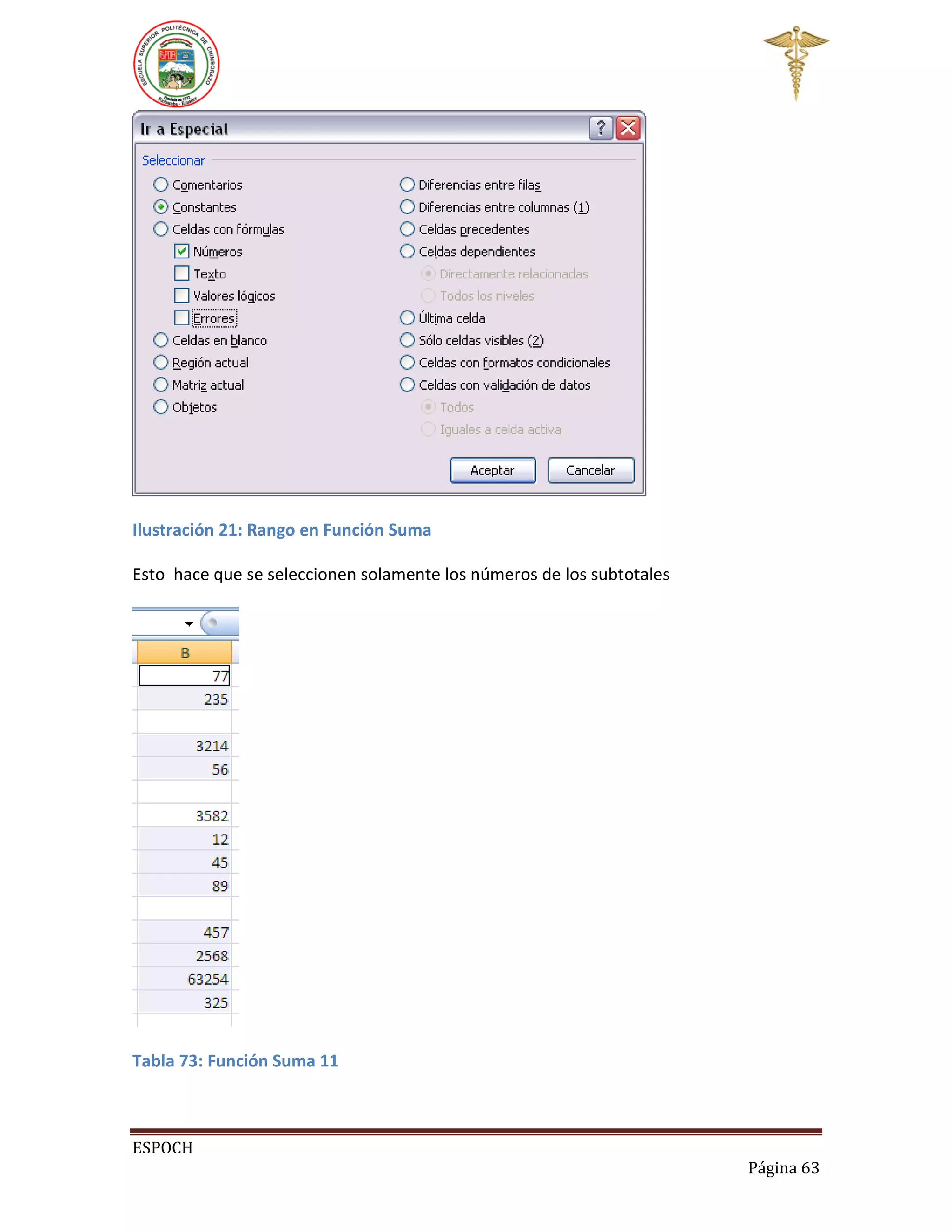 Ilustración 21: Rango en Función Suma
Esto hace que se seleccionen solamente los números de los subtotales

Tabla 73: Función Suma 11

ESPOCH
Página 63

 