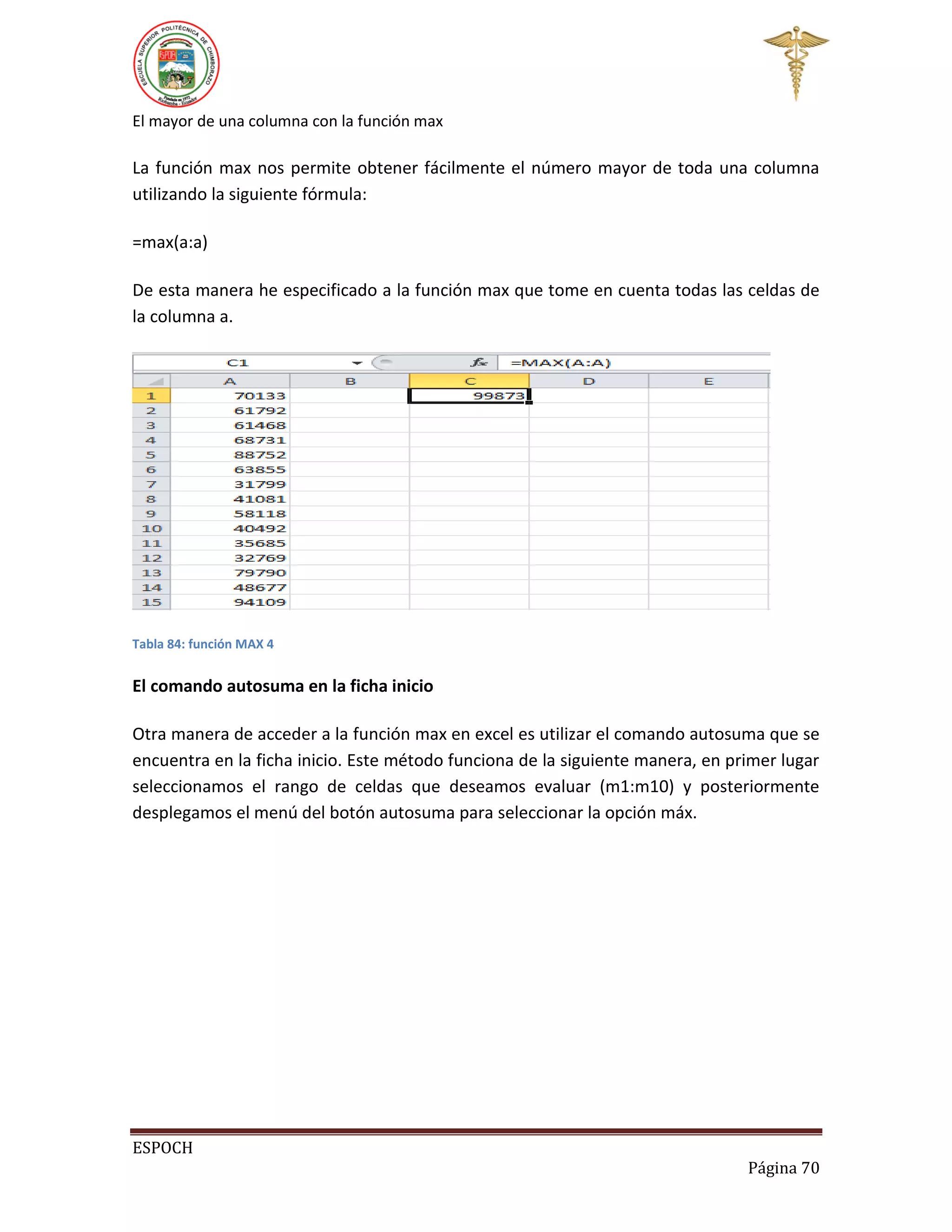 El mayor de una columna con la función max

La función max nos permite obtener fácilmente el número mayor de toda una columna
utilizando la siguiente fórmula:
=max(a:a)
De esta manera he especificado a la función max que tome en cuenta todas las celdas de
la columna a.

Tabla 84: función MAX 4

El comando autosuma en la ficha inicio
Otra manera de acceder a la función max en excel es utilizar el comando autosuma que se
encuentra en la ficha inicio. Este método funciona de la siguiente manera, en primer lugar
seleccionamos el rango de celdas que deseamos evaluar (m1:m10) y posteriormente
desplegamos el menú del botón autosuma para seleccionar la opción máx.

ESPOCH
Página 70

 