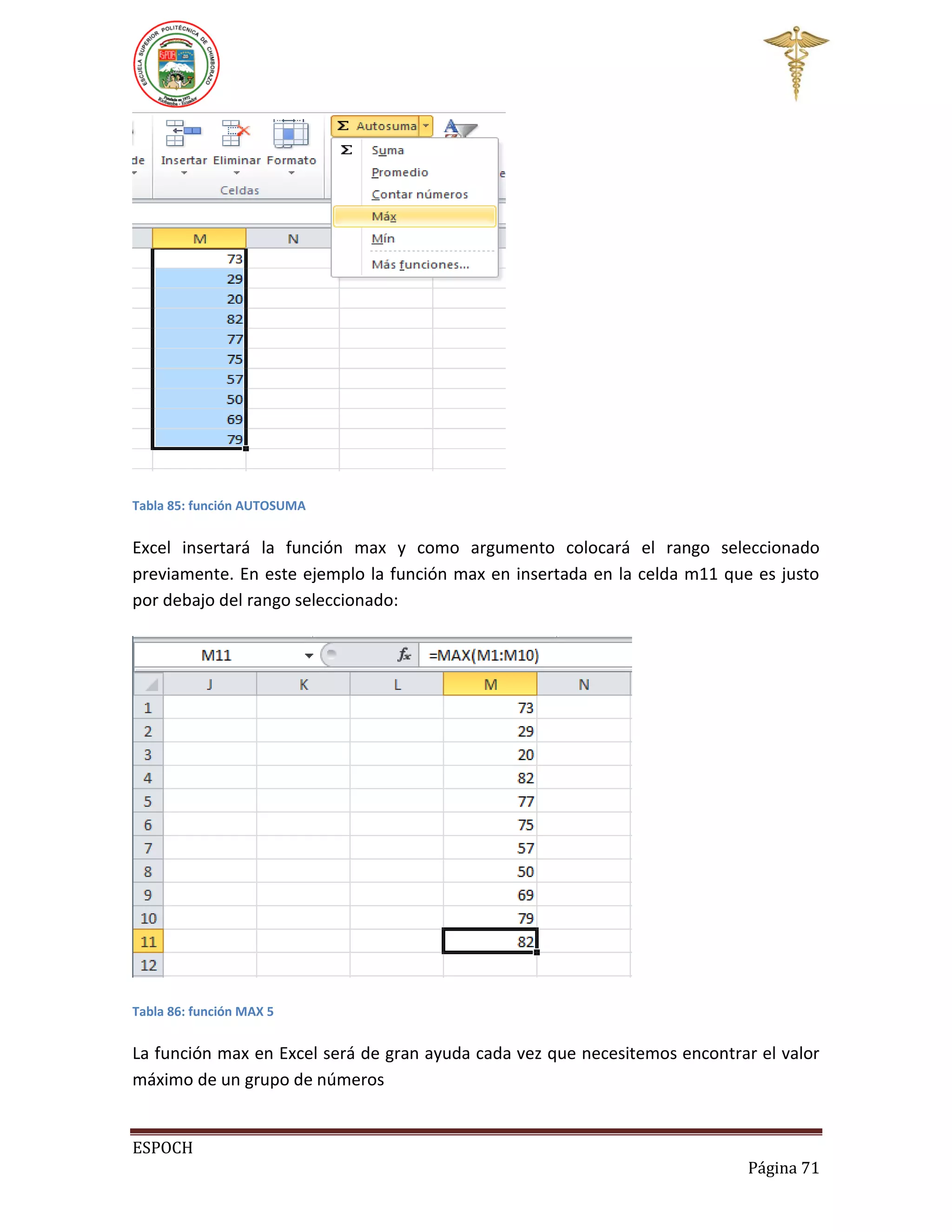 Tabla 85: función AUTOSUMA

Excel insertará la función max y como argumento colocará el rango seleccionado
previamente. En este ejemplo la función max en insertada en la celda m11 que es justo
por debajo del rango seleccionado:

Tabla 86: función MAX 5

La función max en Excel será de gran ayuda cada vez que necesitemos encontrar el valor
máximo de un grupo de números

ESPOCH
Página 71

 