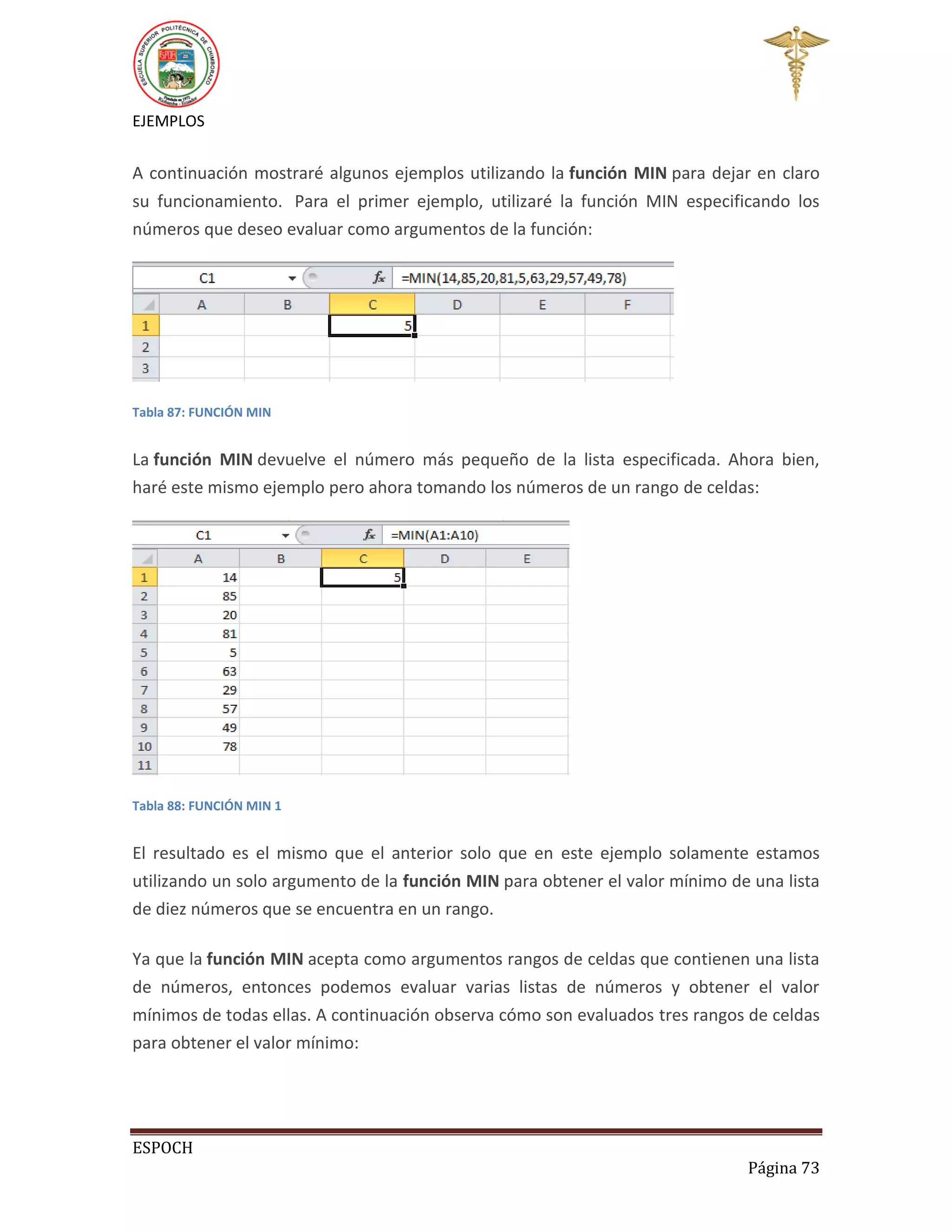 EJEMPLOS

A continuación mostraré algunos ejemplos utilizando la función MIN para dejar en claro
su funcionamiento. Para el primer ejemplo, utilizaré la función MIN especificando los
números que deseo evaluar como argumentos de la función:

Tabla 87: FUNCIÓN MIN

La función MIN devuelve el número más pequeño de la lista especificada. Ahora bien,
haré este mismo ejemplo pero ahora tomando los números de un rango de celdas:

Tabla 88: FUNCIÓN MIN 1

El resultado es el mismo que el anterior solo que en este ejemplo solamente estamos
utilizando un solo argumento de la función MIN para obtener el valor mínimo de una lista
de diez números que se encuentra en un rango.
Ya que la función MIN acepta como argumentos rangos de celdas que contienen una lista
de números, entonces podemos evaluar varias listas de números y obtener el valor
mínimos de todas ellas. A continuación observa cómo son evaluados tres rangos de celdas
para obtener el valor mínimo:

ESPOCH
Página 73

 