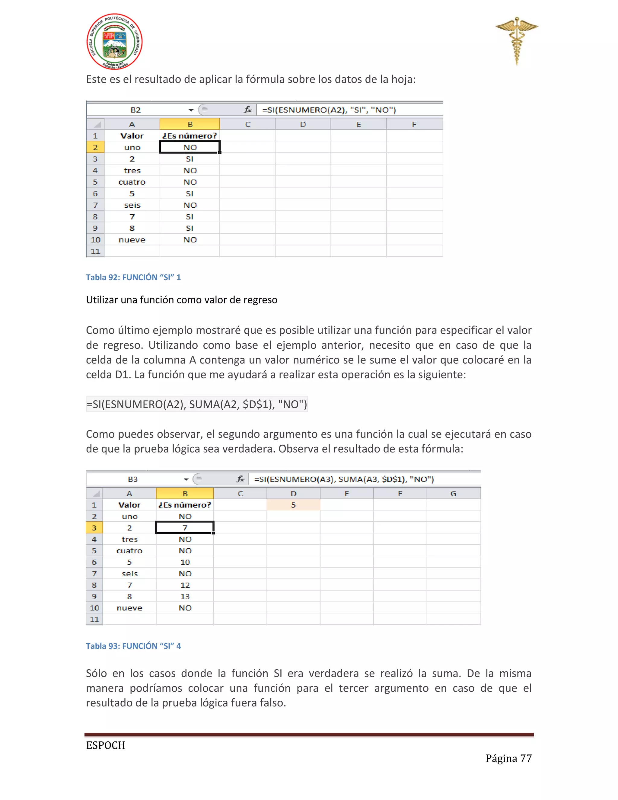 Este es el resultado de aplicar la fórmula sobre los datos de la hoja:

Tabla 92: FUNCIÓN “SI” 1

Utilizar una función como valor de regreso

Como último ejemplo mostraré que es posible utilizar una función para especificar el valor
de regreso. Utilizando como base el ejemplo anterior, necesito que en caso de que la
celda de la columna A contenga un valor numérico se le sume el valor que colocaré en la
celda D1. La función que me ayudará a realizar esta operación es la siguiente:
=SI(ESNUMERO(A2), SUMA(A2, $D$1), "NO")
Como puedes observar, el segundo argumento es una función la cual se ejecutará en caso
de que la prueba lógica sea verdadera. Observa el resultado de esta fórmula:

Tabla 93: FUNCIÓN “SI” 4

Sólo en los casos donde la función SI era verdadera se realizó la suma. De la misma
manera podríamos colocar una función para el tercer argumento en caso de que el
resultado de la prueba lógica fuera falso.
ESPOCH
Página 77

 