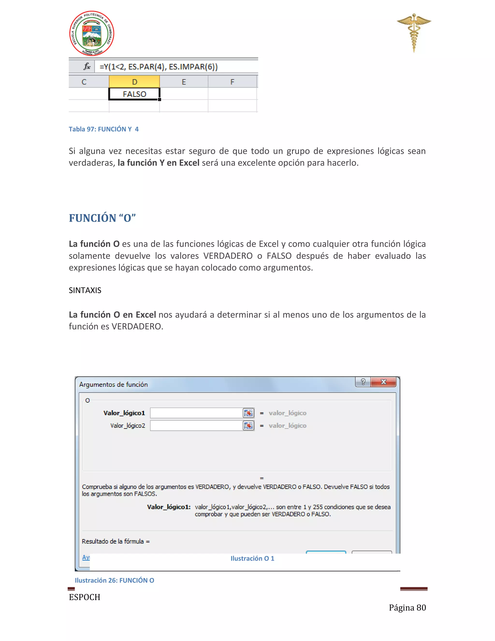 Tabla 97: FUNCIÓN Y 4

Si alguna vez necesitas estar seguro de que todo un grupo de expresiones lógicas sean
verdaderas, la función Y en Excel será una excelente opción para hacerlo.

FUNCIÓN “O”
La función O es una de las funciones lógicas de Excel y como cualquier otra función lógica
solamente devuelve los valores VERDADERO o FALSO después de haber evaluado las
expresiones lógicas que se hayan colocado como argumentos.
SINTAXIS

La función O en Excel nos ayudará a determinar si al menos uno de los argumentos de la
función es VERDADERO.

Ilustración O 1
Ilustración 26: FUNCIÓN O

ESPOCH
Página 80

 