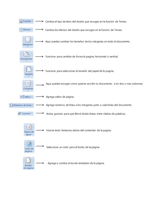 Cambia el tipo de letra del diseño que escoges en la función de Temas.
Cambia los efectos del diseño que escoges en la función de Temas.
Aquí puedes cambiar los tamaños de los márgenes en todo el documento.
Funciona para cambiar de forma la pagina, horizontal o vertical.
Funciona para seleccionar el tamaño del papel de la pagina.
Aquí puedes escoger como quieres escribir tu documento, si en dos o mas columnas.
Agrega saltos de página.
Agrega números de línea a los márgenes junto a cada línea del documento.
Activa guiones para que Word divida líneas entre silabas de palabras.
Inserta texto fantasma detrás del contenido de la pagina.
Selecciona un color para el fondo de la página.
Agrega o cambia el borde alrededor de la página.
 
