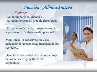 Función Administrativa
      Acciones
Evaluar al personal directa e
indirectamente en su área de desempeño.

Utilizar e implementar instrumentos de
supervisión y evaluación del personal.

Monitorear la conservación y uso
adecuado de la capacidad instalada de los
servicios.

Detectar la necesidad de material/equipo
de los servicios y gestionar la
adquisición.
 