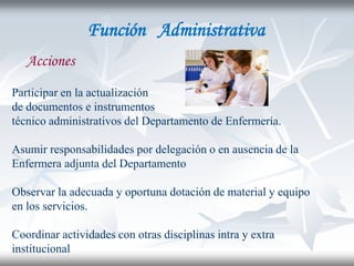 Función Administrativa
   Acciones
Participar en la actualización
de documentos e instrumentos
técnico administrativos del Departamento de Enfermería.

Asumir responsabilidades por delegación o en ausencia de la
Enfermera adjunta del Departamento

Observar la adecuada y oportuna dotación de material y equipo
en los servicios.

Coordinar actividades con otras disciplinas intra y extra
institucional
 