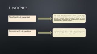 Planificación de capacidad
En la mayoría de las organizaciones, el número y tamaño de las
bases de datos crece rápidamente. Es la responsabilidad del DBA
gestionar el creciente volumen de datos y diseñar los planes
apropiados para administrarlos. Esto incluye también la gestión del
hardware donde se almacenan los datos.
Administración de cambios La configuración del servidor SQL Server o MySQL, el esquema de base de datos, el
código de Transact-SQL, y muchas otras facetas del ecosistema de aplicaciones
cambian con el tiempo. A menudo es la responsabilidad del DBA realizar el análisis de
impacto antes de realizar los cambios dentro de una DBMS.
 